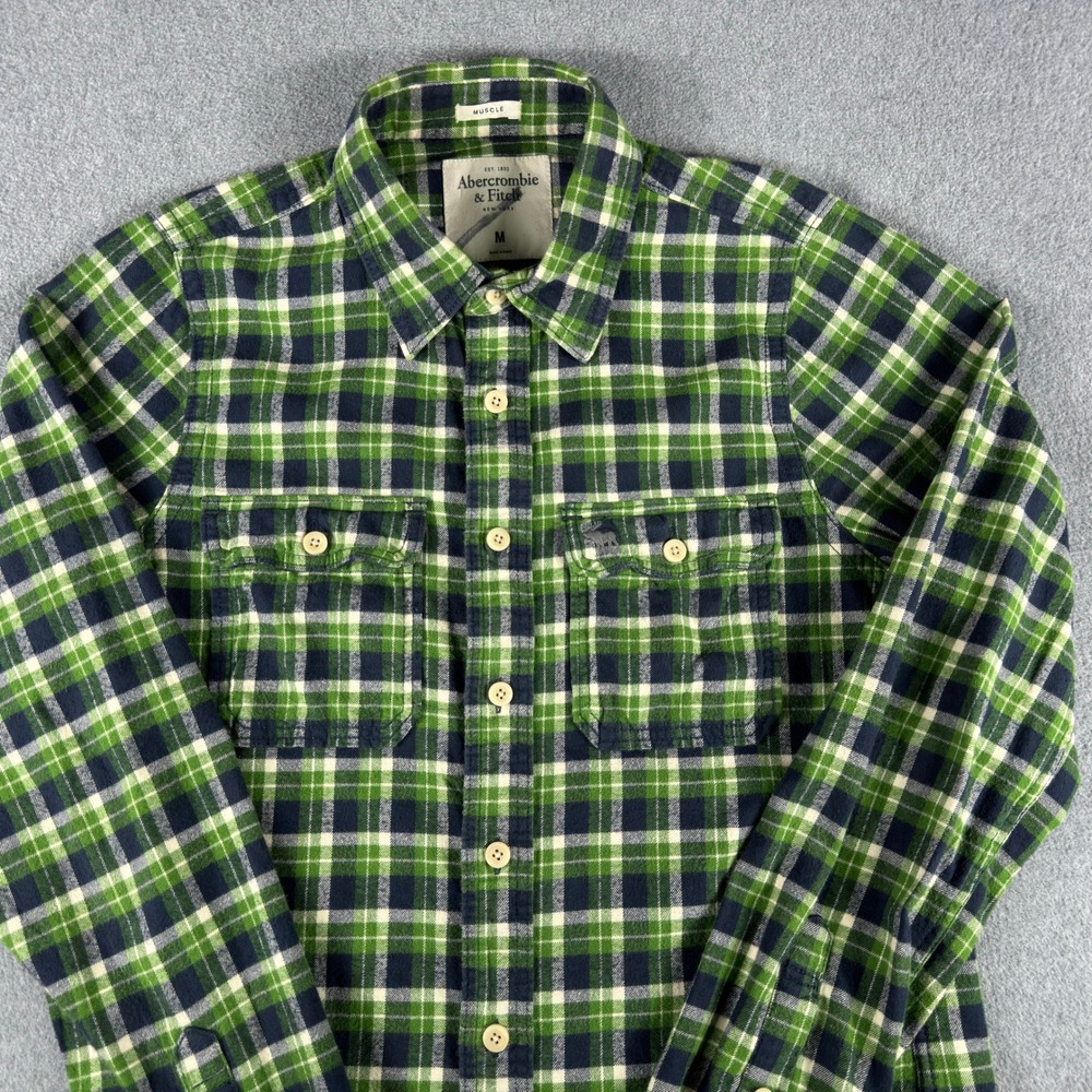 Abercrombie & Fitch Muscle Fit Plaid Green Flannel Shirt Mens M